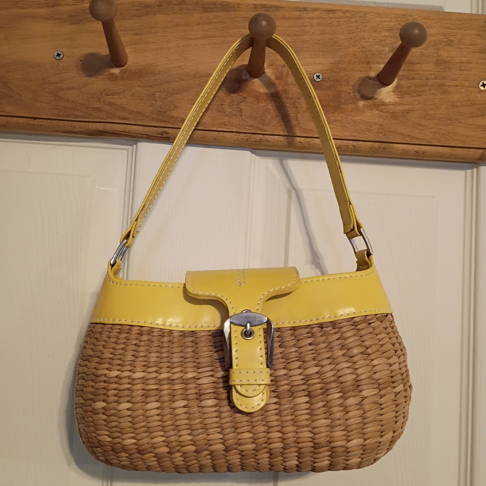 Small Natural Straw Handbag Purse Yellow Accents